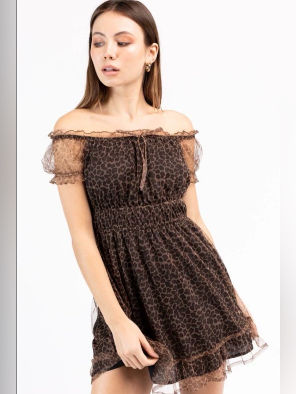 Le Lis Off-Shoulder Brown Leopard Print Mini Dress